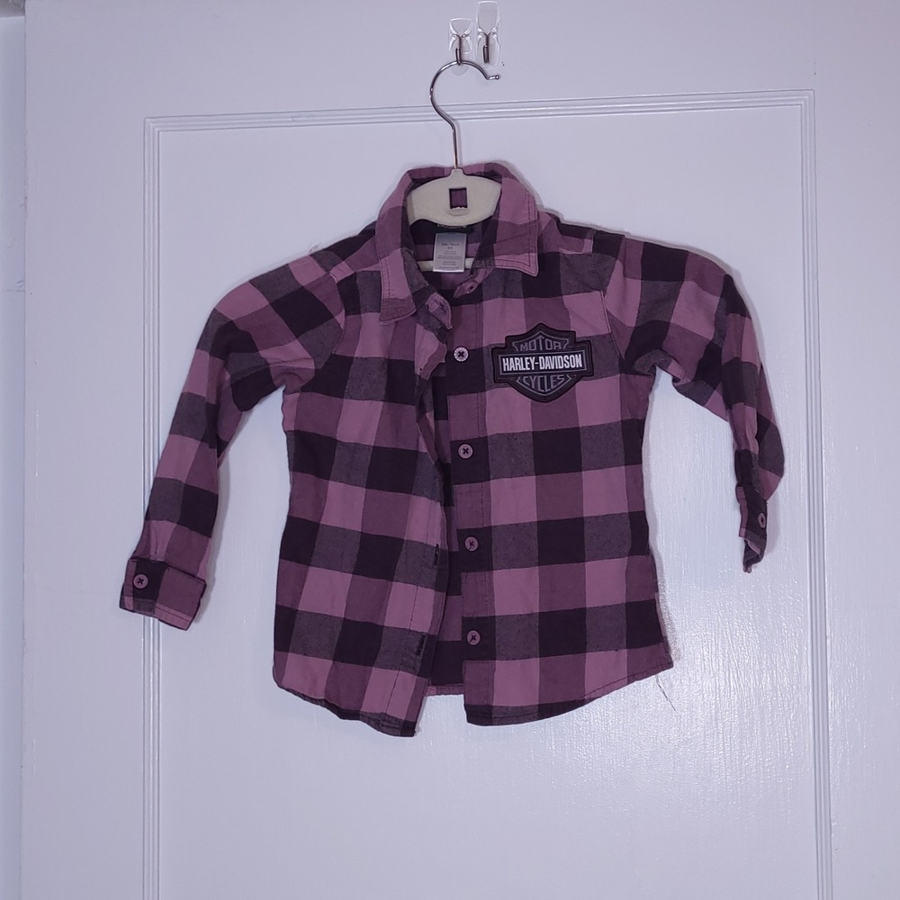 Harley-Davidson Kids Purple Black Buffalo Plaid Flannel Button Down Shirt 4/5 - Picture 4 of 5